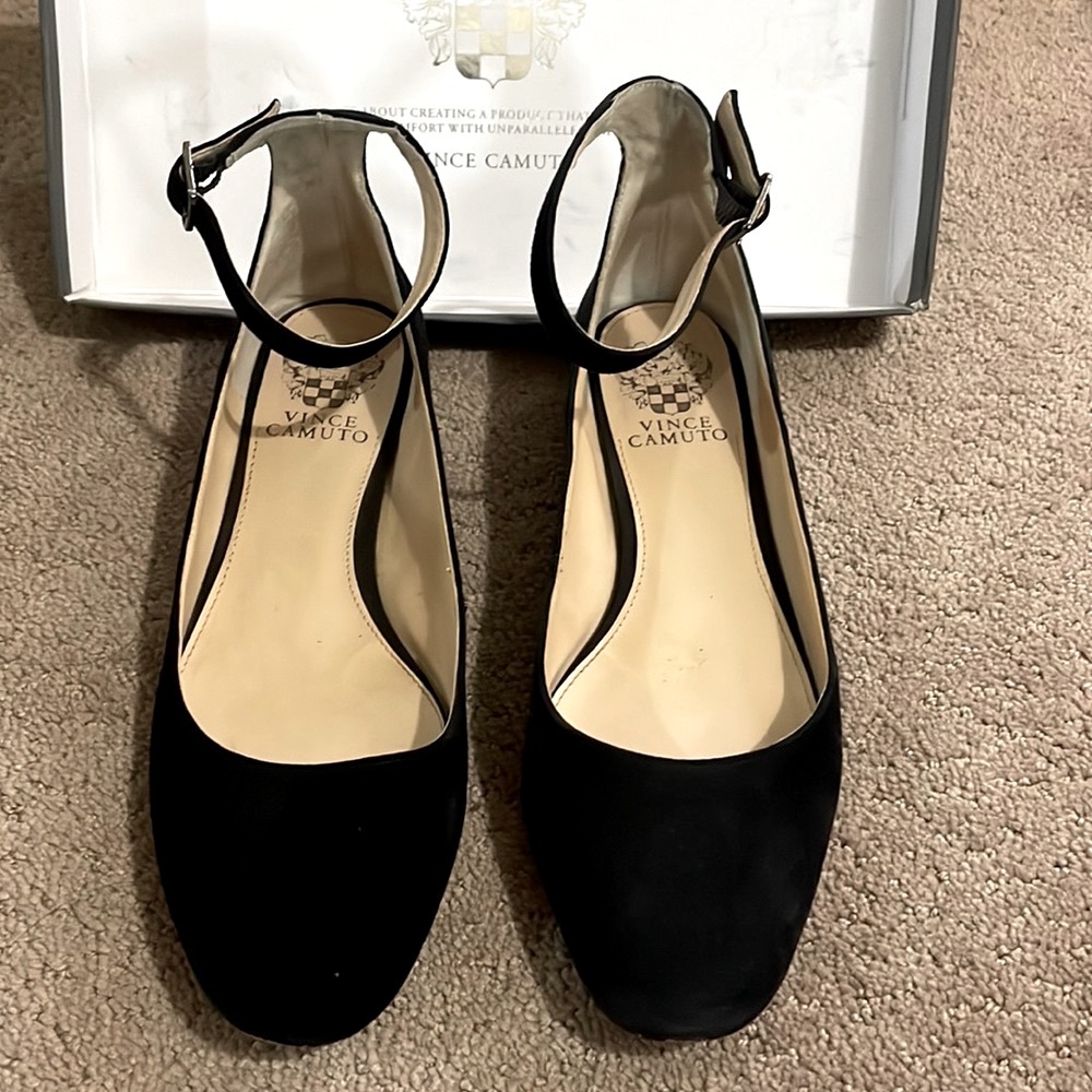Vince Camuto suede black ankle strap flats size 8 medium